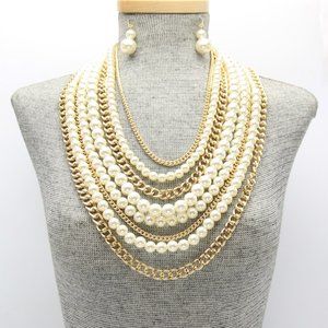 U1STNE1012 Multi-Strand Layered Links & Pearl Neck